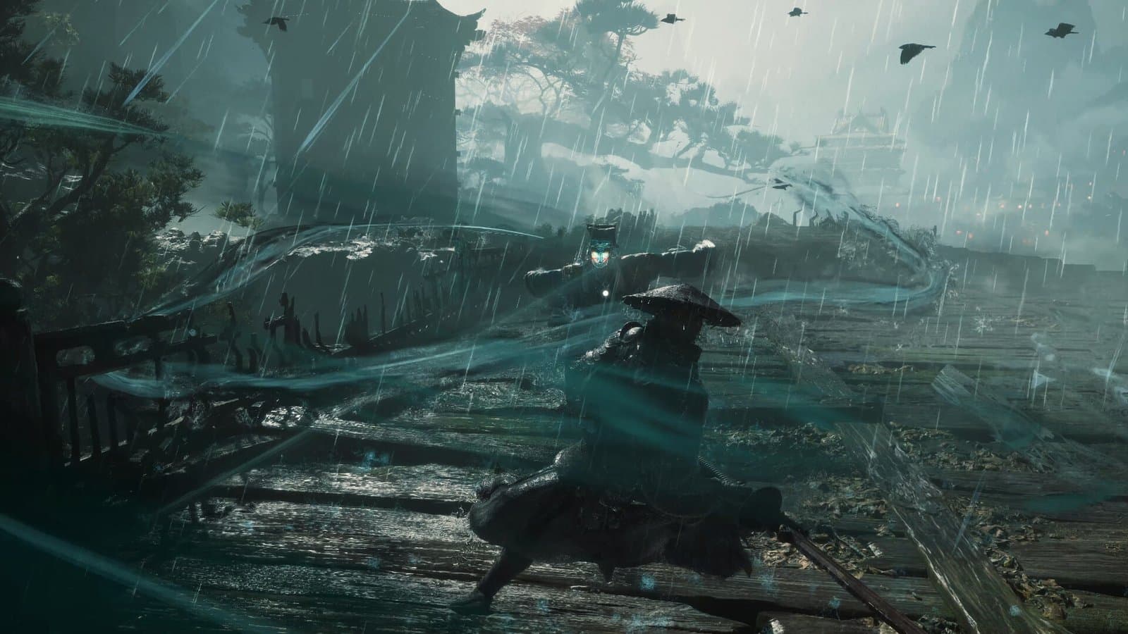 Soul desfere um golpe sob a chuva, num dos cenários de Phantom Blade Zero.