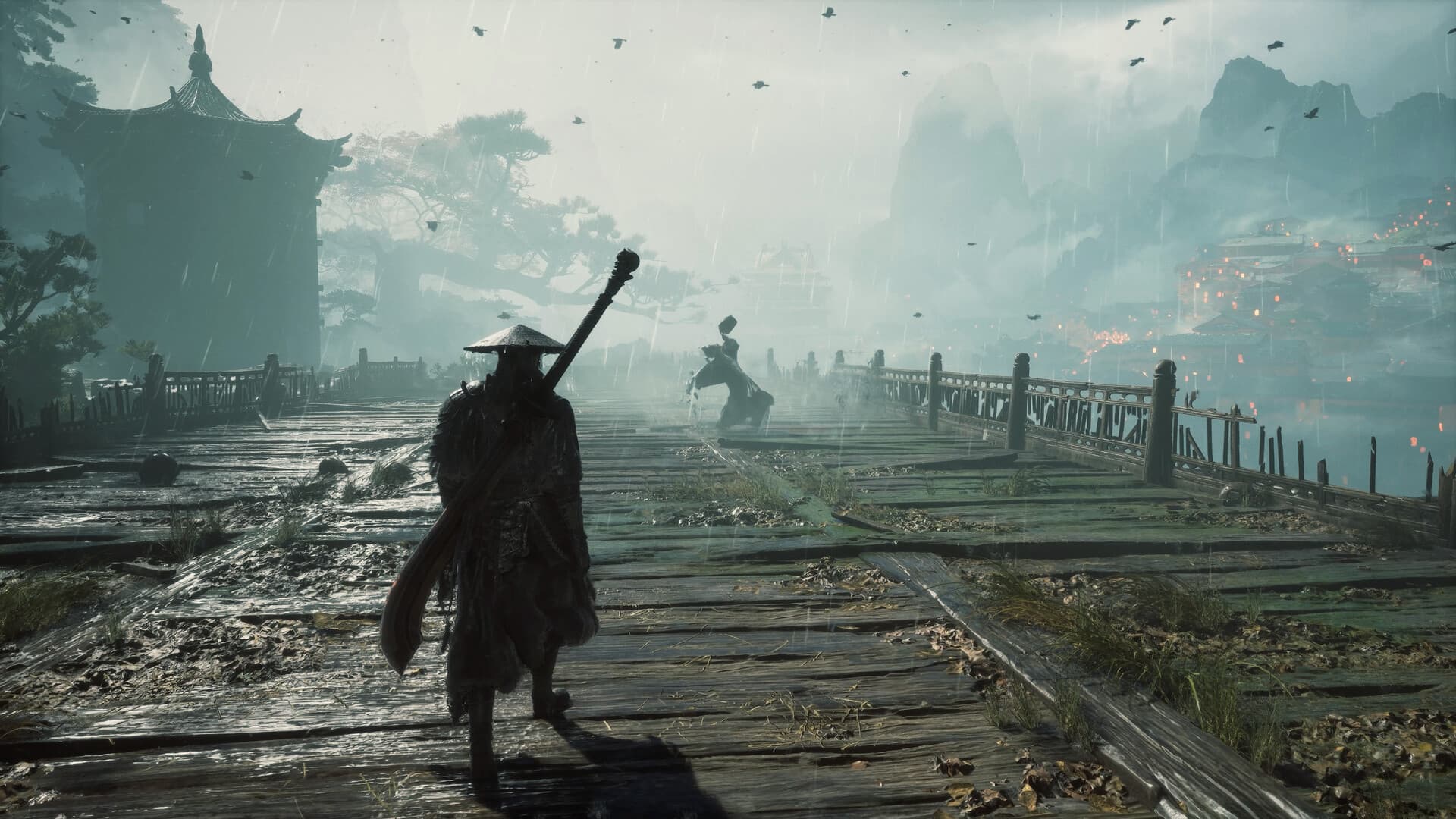 Soul, protagonista de Phantom Blade Zero, numa ponte de madeira debaixo de chuva