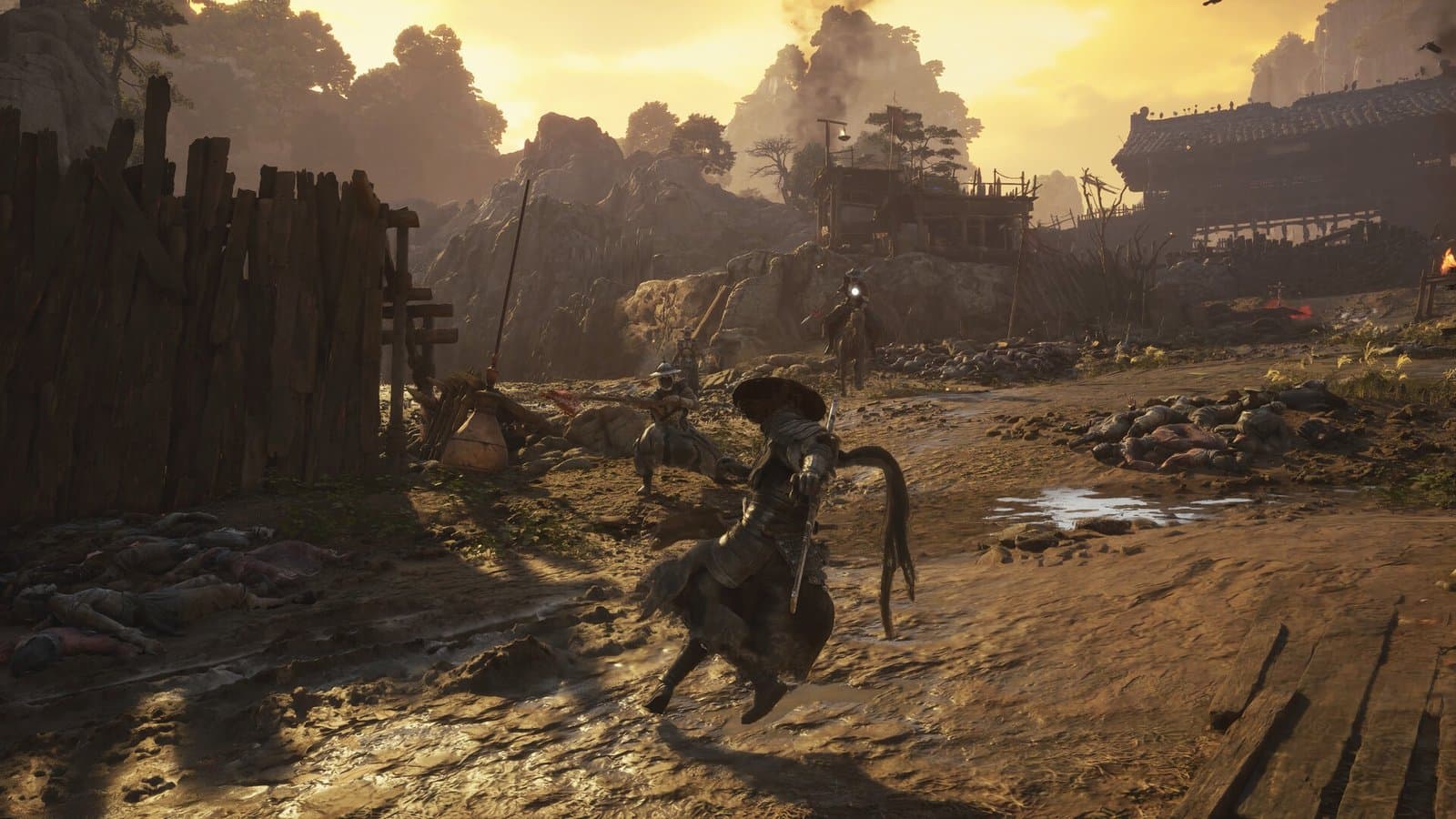 Soul atravessa uma vila ao entardecer em Phantom Blade Zero.