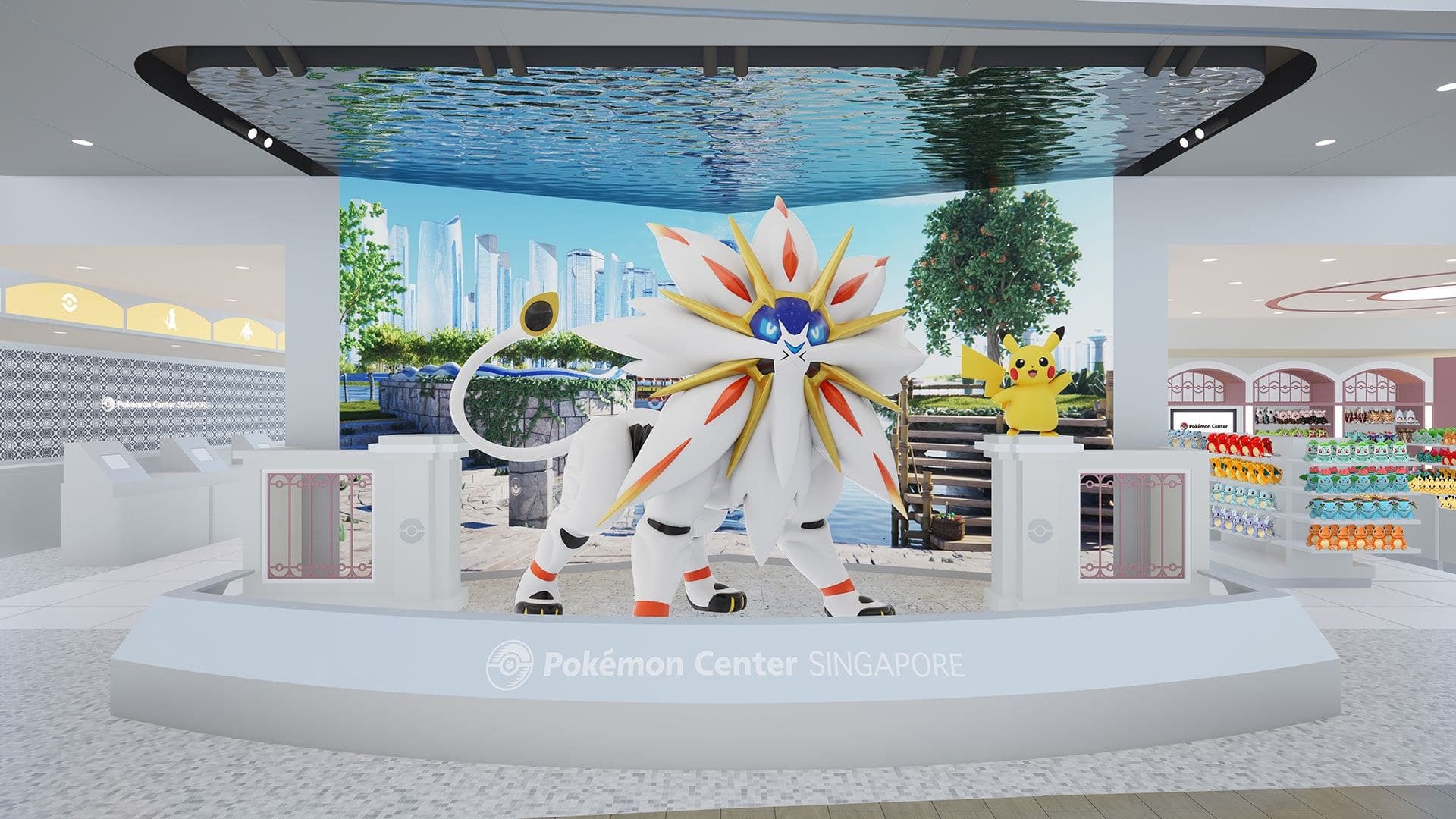 Imagem conceitual do Pokémon Center Singapura com estátuas de Solgaleo e Pikachu na entrada