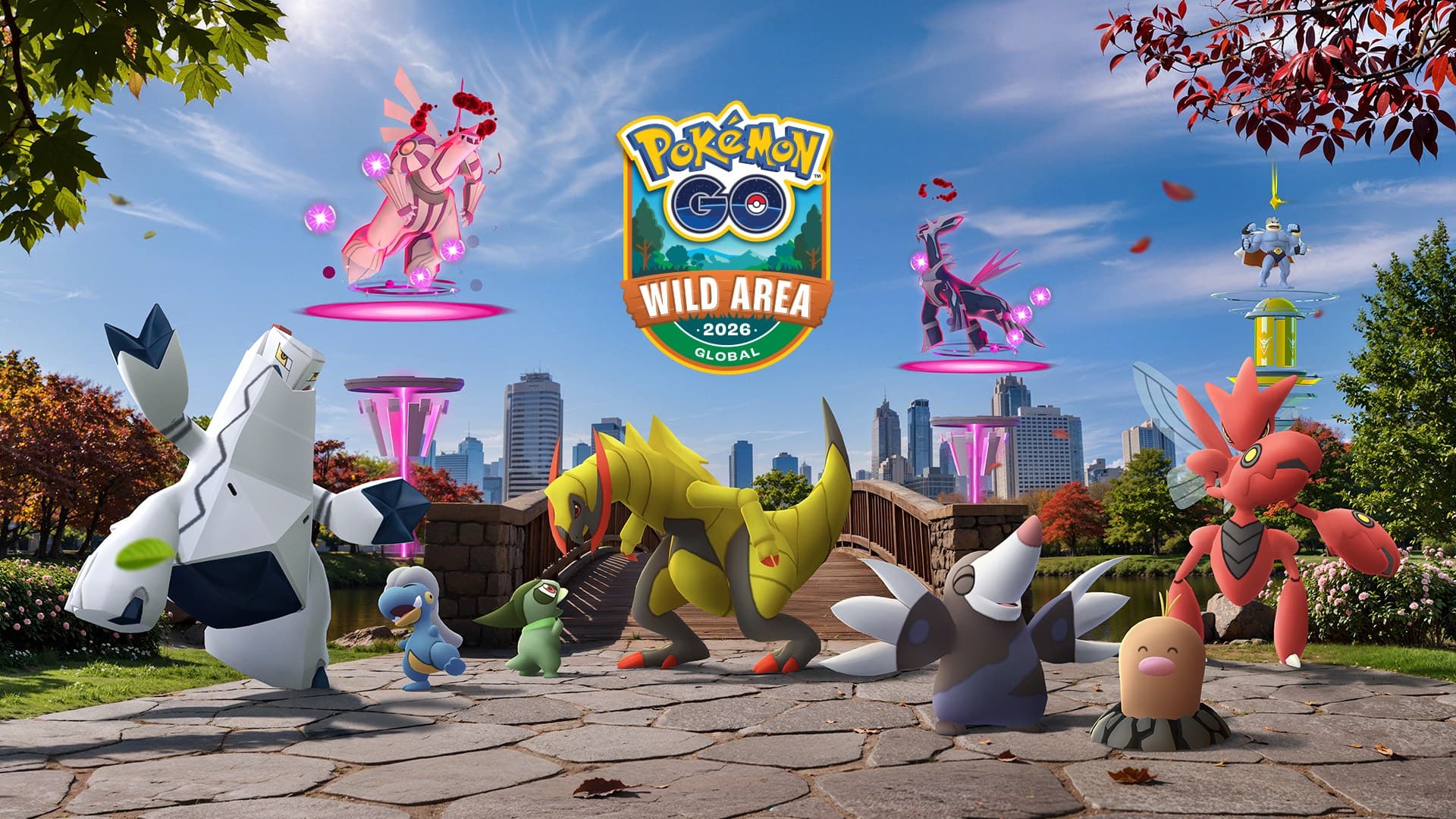 Arte oficial da Área Selvagem 2026: Global do Pokémon GO com Duraludon, Haxorus, Scizor, Dialga e Palkia num parque com prédios ao fundo