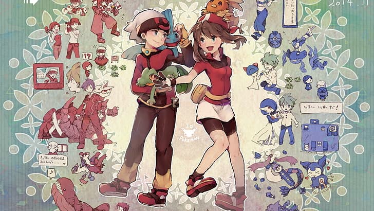 Arte de Pokémon Ruby e Sapphire com os protagonistas e Pokémon da região de Hoenn
