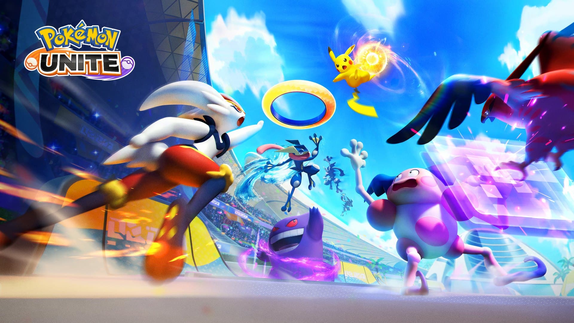 Arte oficial de Pokémon UNITE com Cinderace, Pikachu, Greninja, Gengar e Mr. Mime disputando a partida no estádio