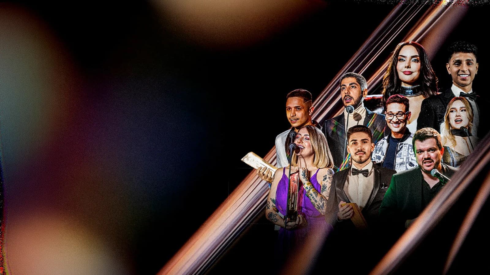 Arte oficial do Prêmio eSports Brasil 10 anos com jogadores e criadores de conteúdo brasileiros em trajes de gala