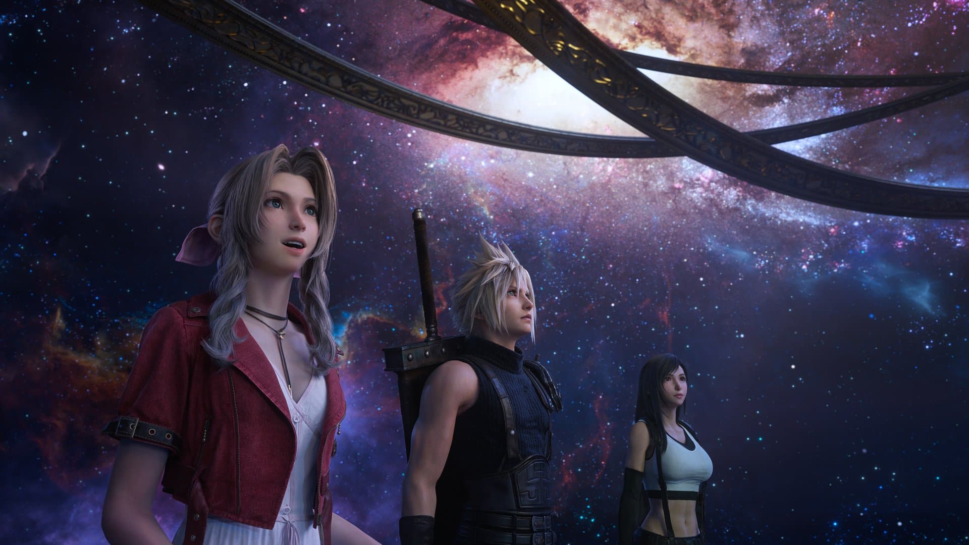 Aerith, Cloud e Tifa olham para o céu estrelado em Final Fantasy VII Rebirth