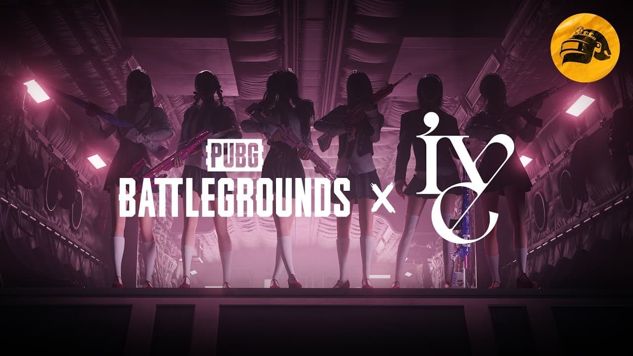Arte oficial da colaboração entre PUBG: Battlegrounds e IVE com as silhuetas das seis integrantes