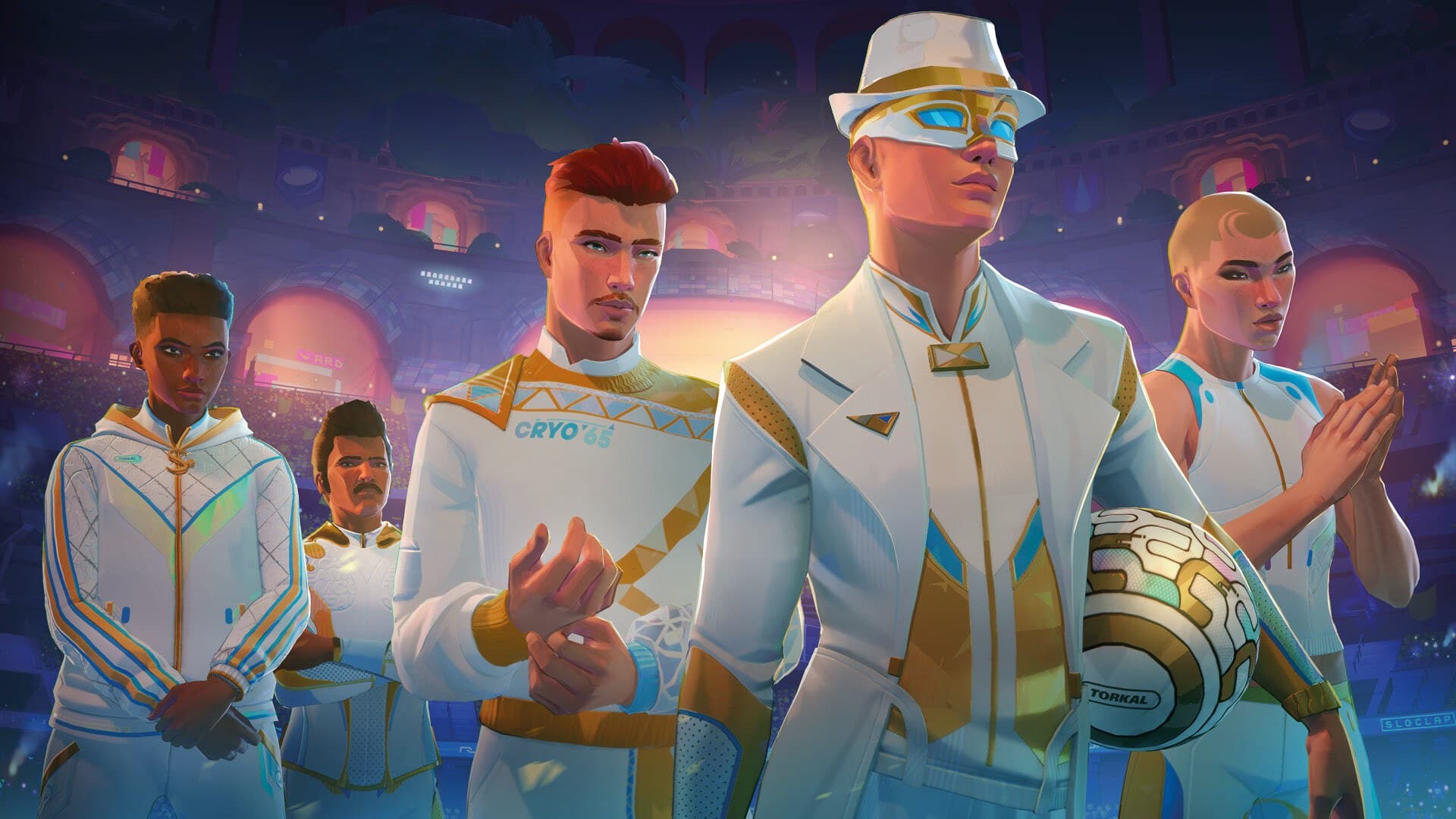 Jogadores com os cosméticos Vanguard, de branco e dourado, na Temporada 6 de Rematch