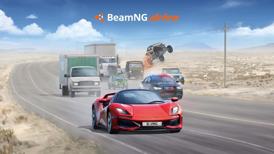 Arte oficial de BeamNG.drive com veículos do jogo