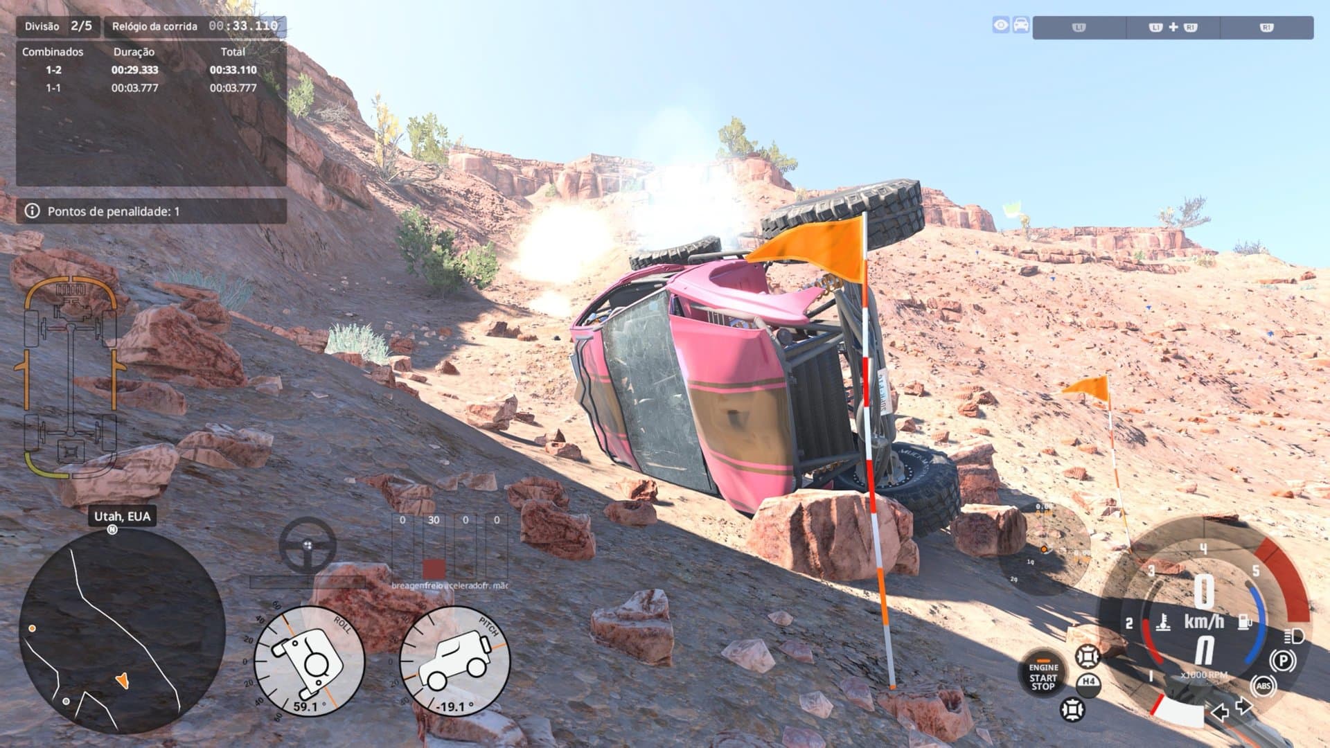 Na escalada do Utah, um erro de linha deixa o buggy tombado sobre as pedras. Captura feita pelo Acerto Games no PS5.