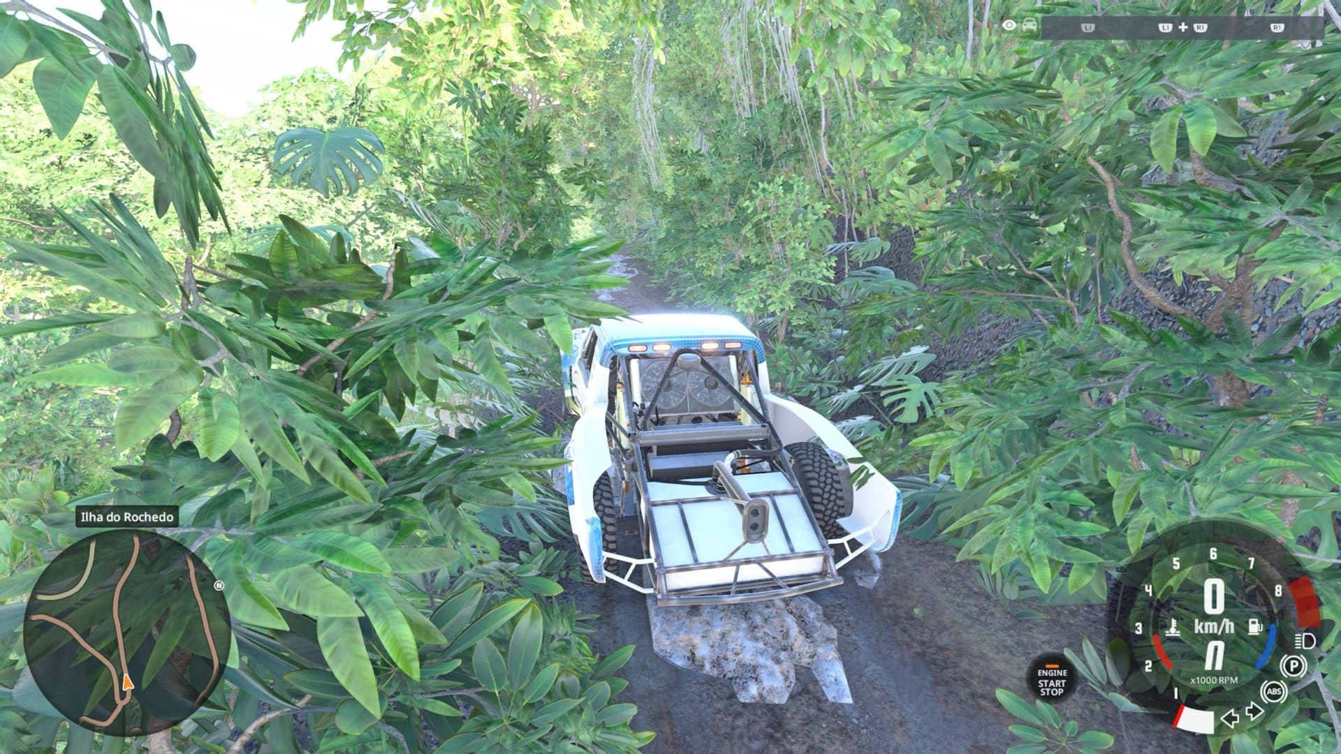 Uma trilha fechada de floresta na Ilha do Rochedo. Captura feita pelo Acerto Games no PS5.