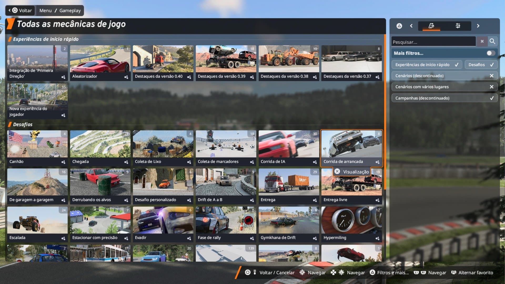 A tela de desafios reúne dezenas de modalidades, de Coleta de Lixo a Modo Ônibus e Hypermiling. Captura feita pelo Acerto Games no PS5.
