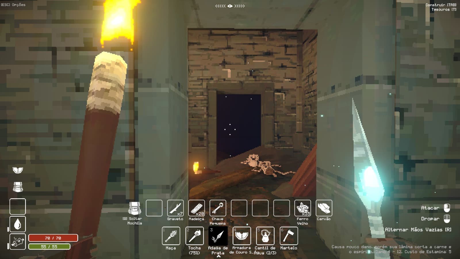 A Adaga de Prata, um dos tesouros que precisam voltar à sala de onde saíram. Captura do jogo Deep Dish Dungeon feita pelo Acerto Games.