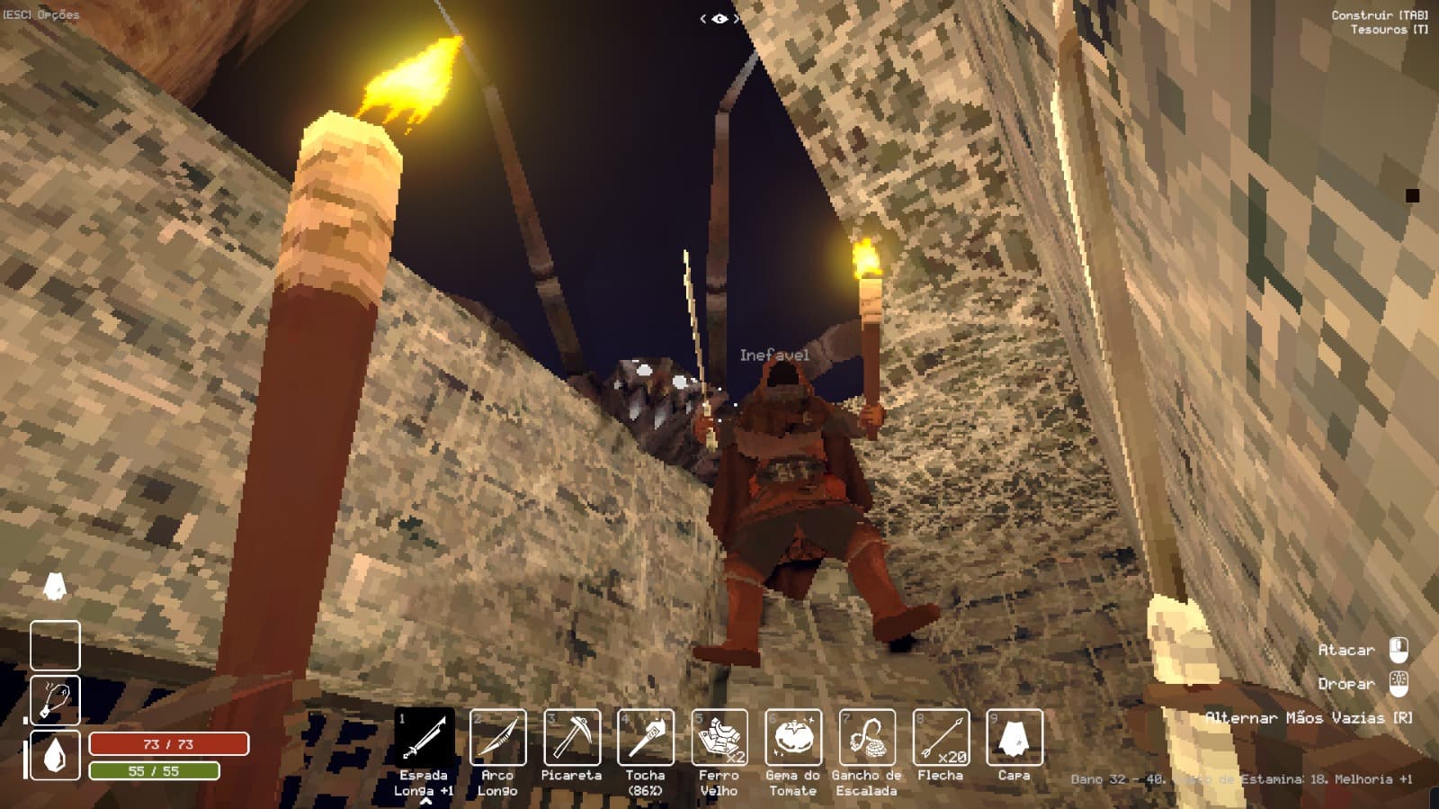 Cooperação diante de uma criatura nas passagens da masmorra. Captura do jogo Deep Dish Dungeon.