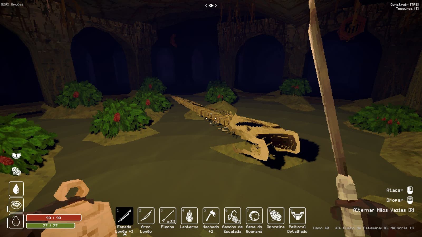 Ambiente sombrio com vegetação e restos de uma criatura. Captura do jogo Deep Dish Dungeon.