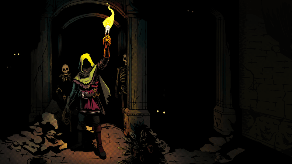 Arte oficial de Deep Dish Dungeon com aventureiro encapuzado segurando uma tocha diante de uma masmorra