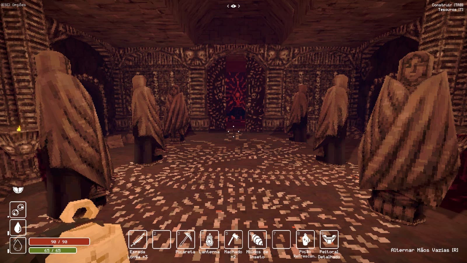 Salão de estátuas com uma passagem ao fundo. Captura do jogo Deep Dish Dungeon.