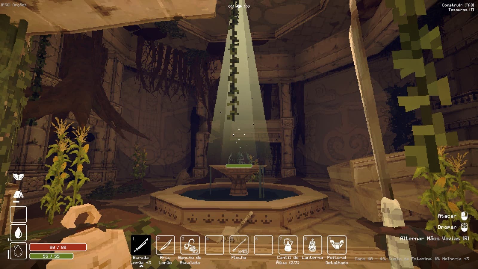 Sala com vegetação, fonte e iluminação natural entre as estruturas antigas. Captura do jogo Deep Dish Dungeon.