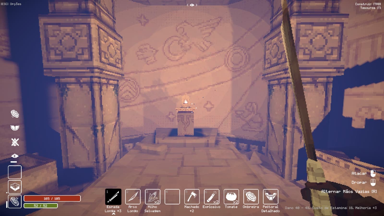 Arquitetura e inscrições em uma das salas antigas da masmorra. Captura do jogo Deep Dish Dungeon.