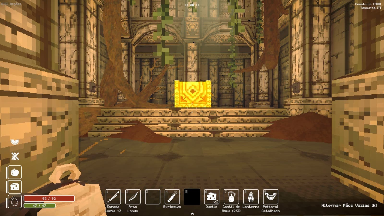 Baú dourado sobre uma escadaria de pedra em um salão antigo de Deep Dish Dungeon