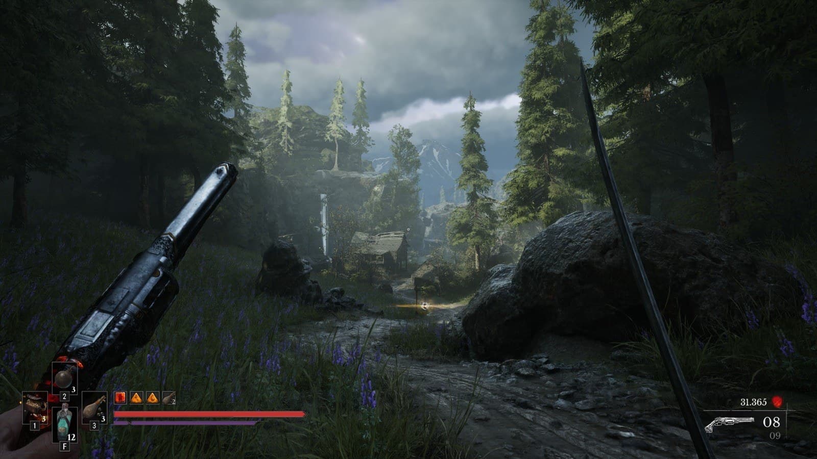 Uma trilha na floresta leva a uma aldeia isolada entre as montanhas. Captura feita pelo Acerto Games no PC.