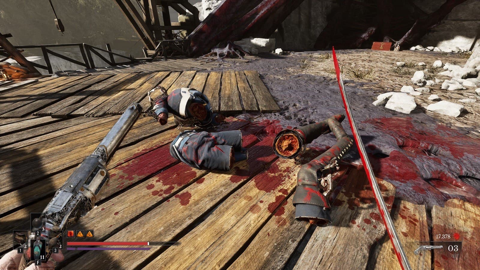 O gore aparece sem pudor: um inimigo despedaçado sobre a plataforma de madeira. Captura feita pelo Acerto Games no PC.