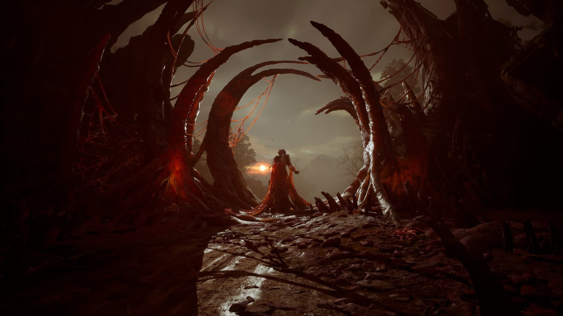 Imagem oficial de Valor Mortis com uma figura diante de um portal de raízes vermelhas