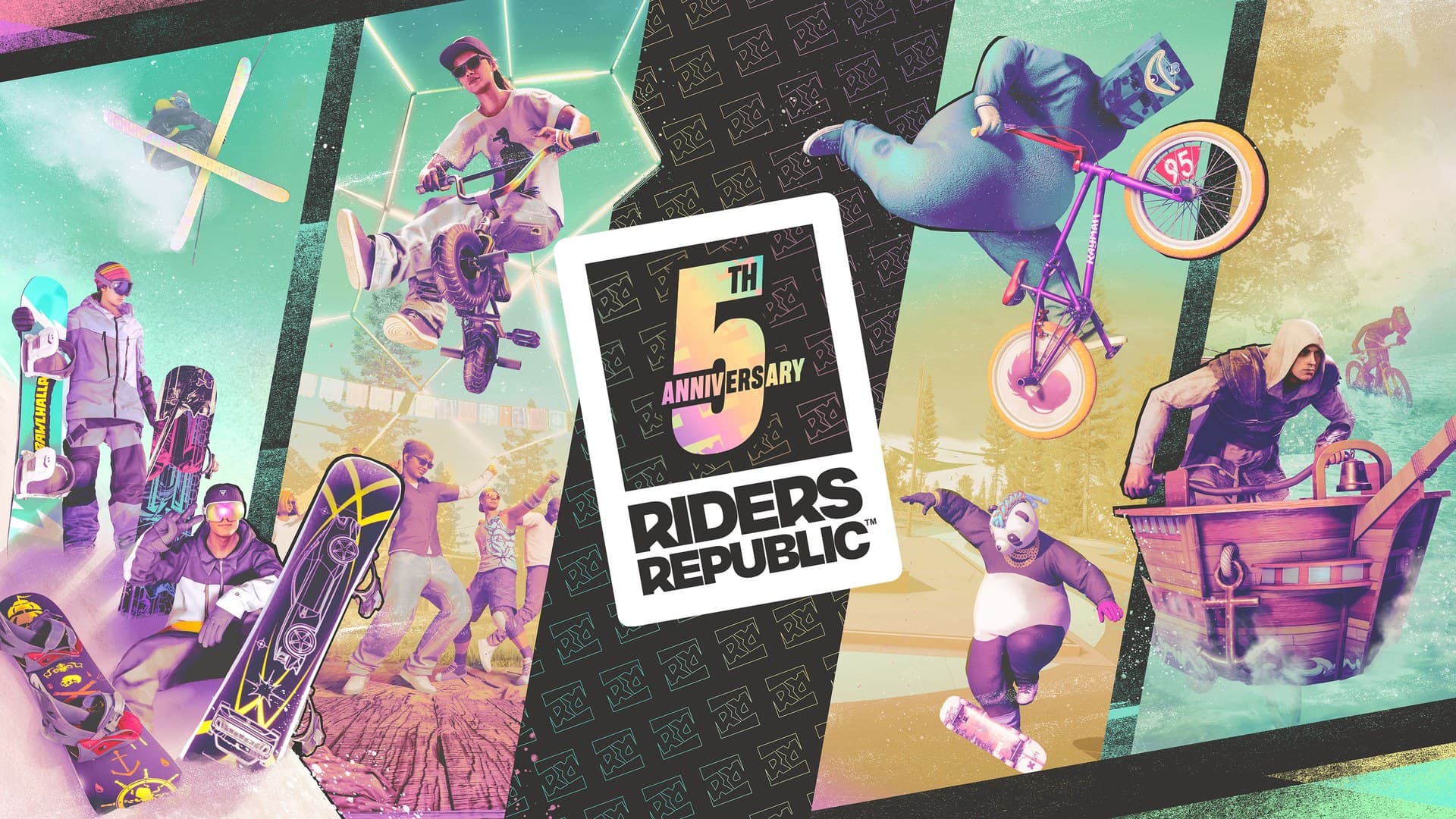 Arte comemorativa dos cinco anos de Riders Republic com ciclistas, esquiadores e snowboarders ao redor do logo