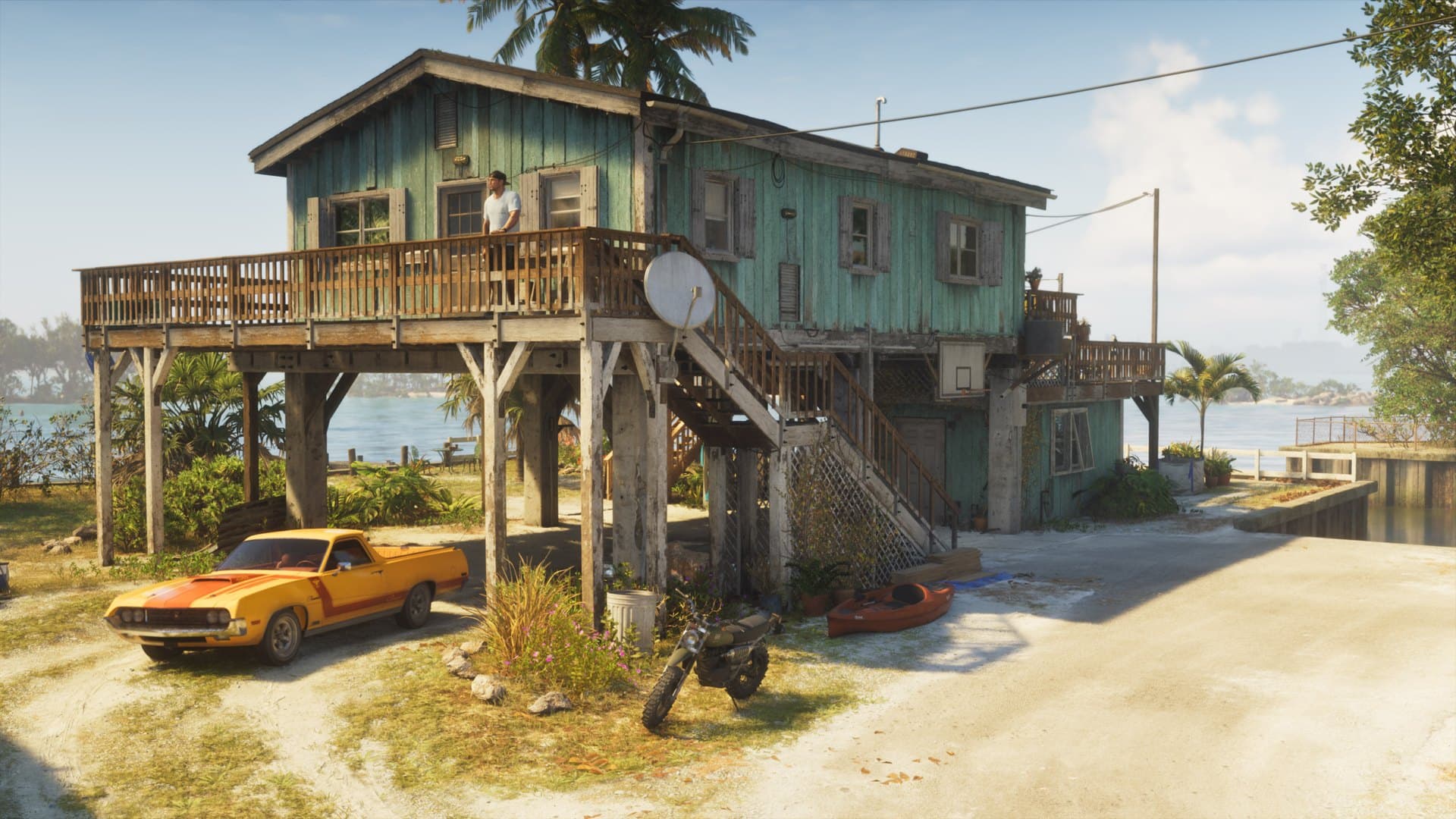Casa de madeira sobre palafitas à beira d'água em Leonida, com carros estacionados, em imagem oficial de GTA 6