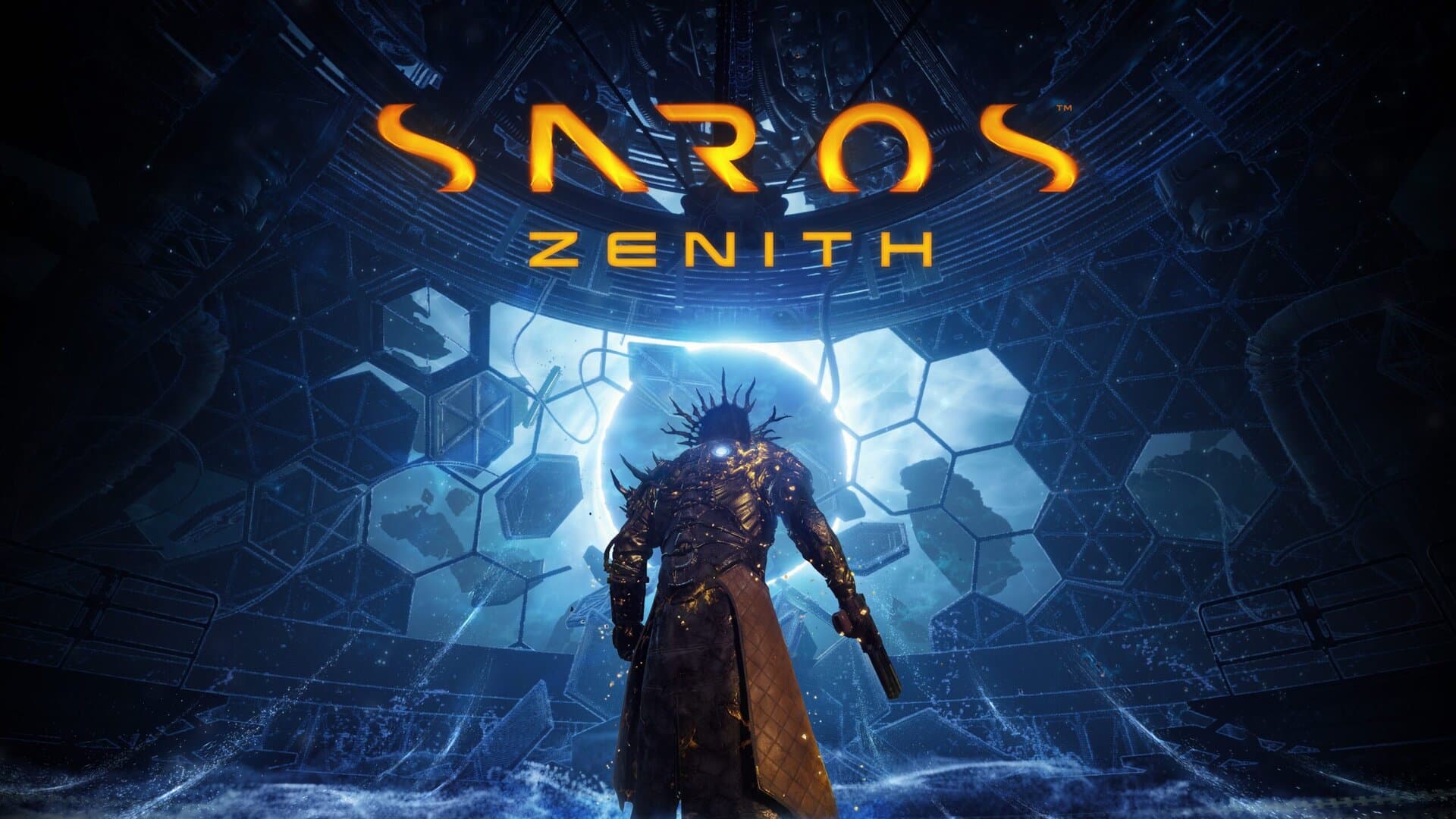Arte da atualização Zenith de Saros, com Arjun de coroa e armadura dourada diante de um portal de eclipse
