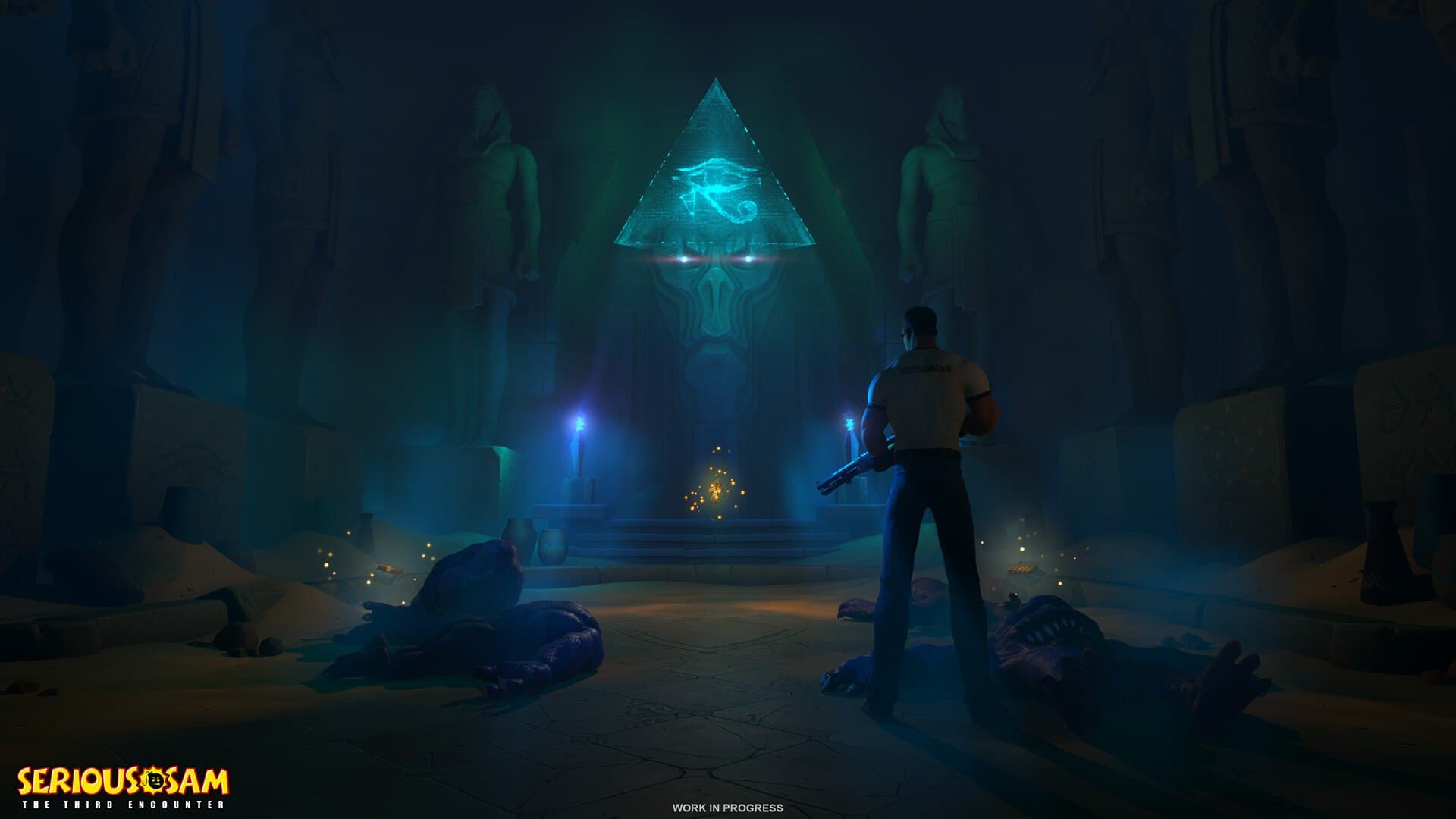 Sam diante de uma pirâmide iluminada dentro de um templo.