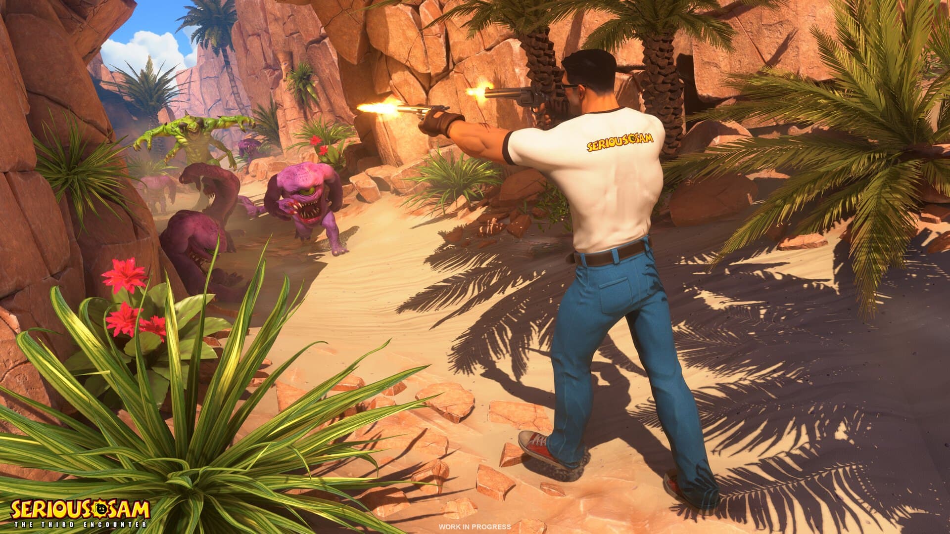 Sam Stone atira com um revólver contra monstros num deserto com palmeiras em Serious Sam: The Third Encounter