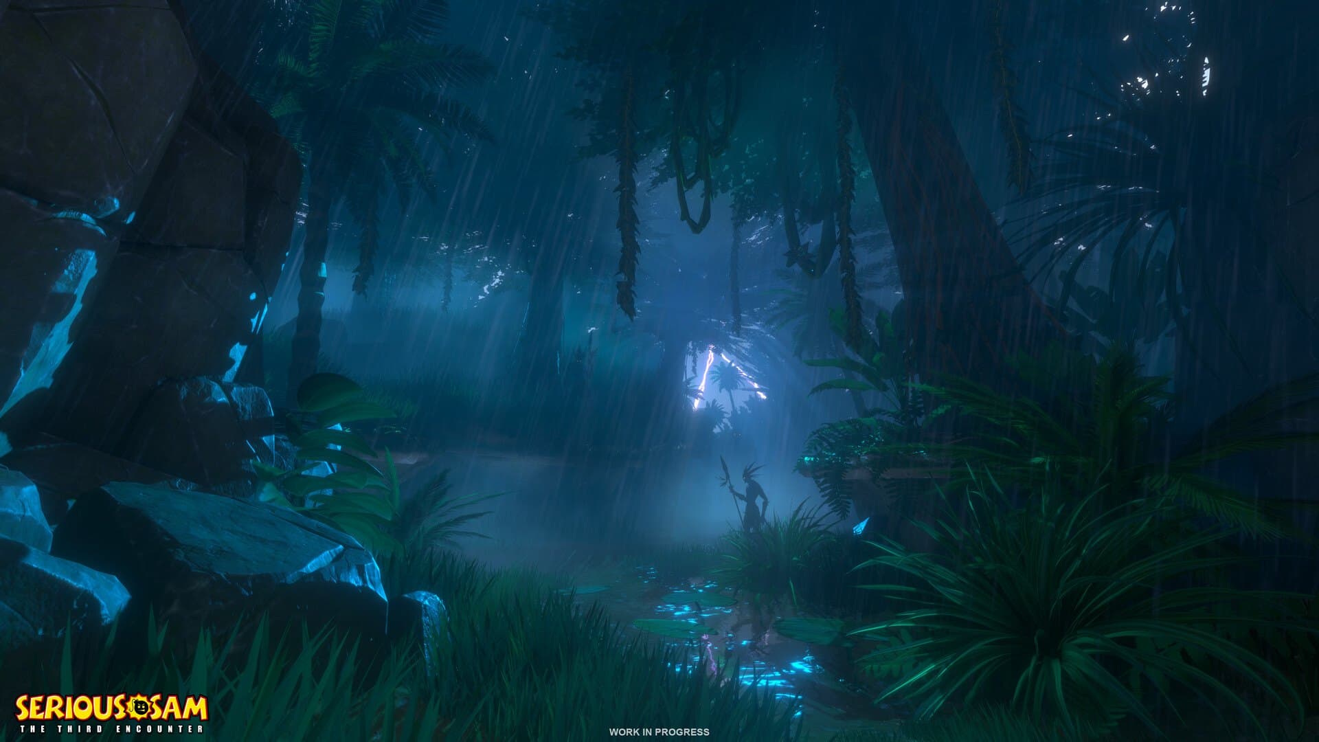 Uma selva iluminada por luzes azuladas durante a noite.