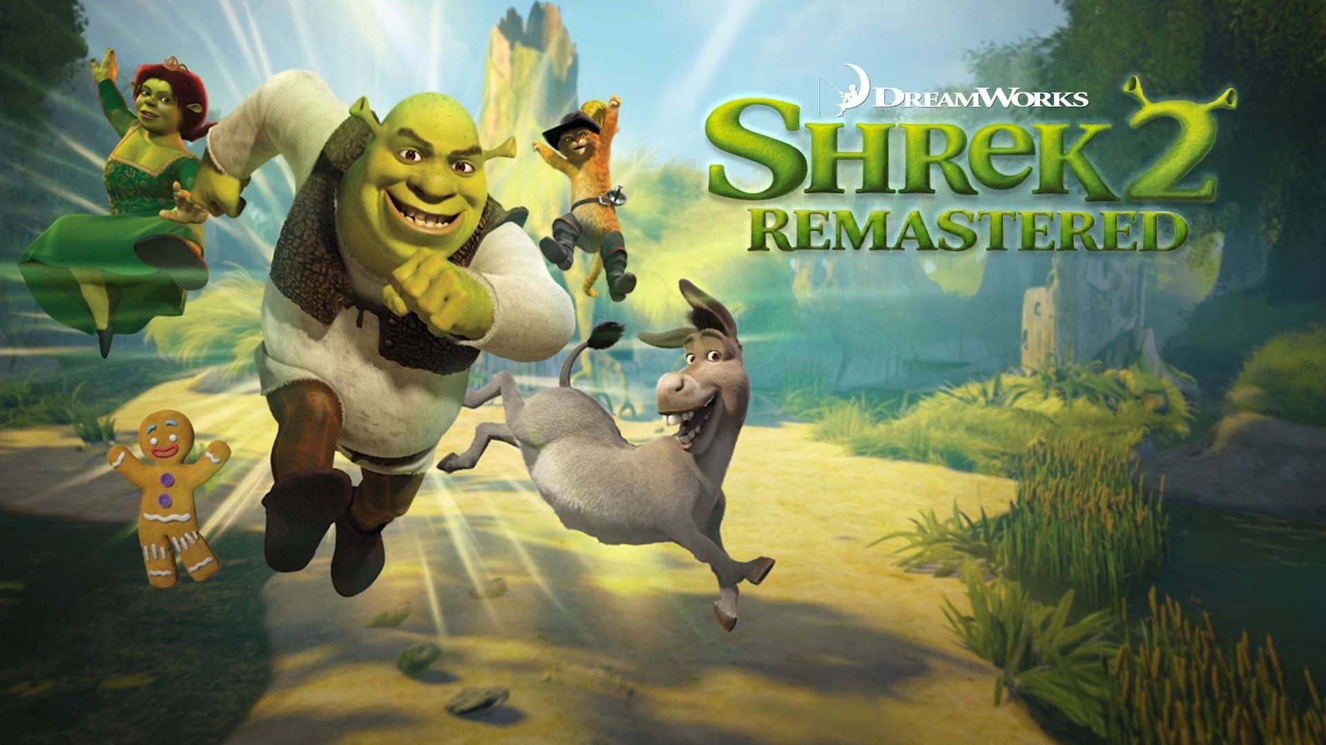 Arte de Shrek 2 Remastered com Shrek, Burro, Fiona, Gato de Botas e Biscoito correndo por uma trilha