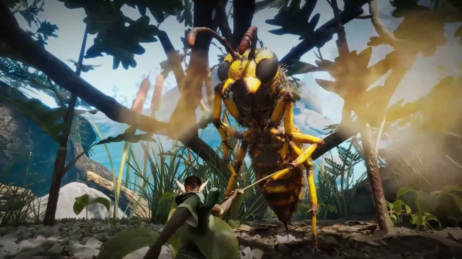 Personagem do tamanho de um inseto enfrenta uma vespa gigante entre folhas em Smalland 2: Lost Realms