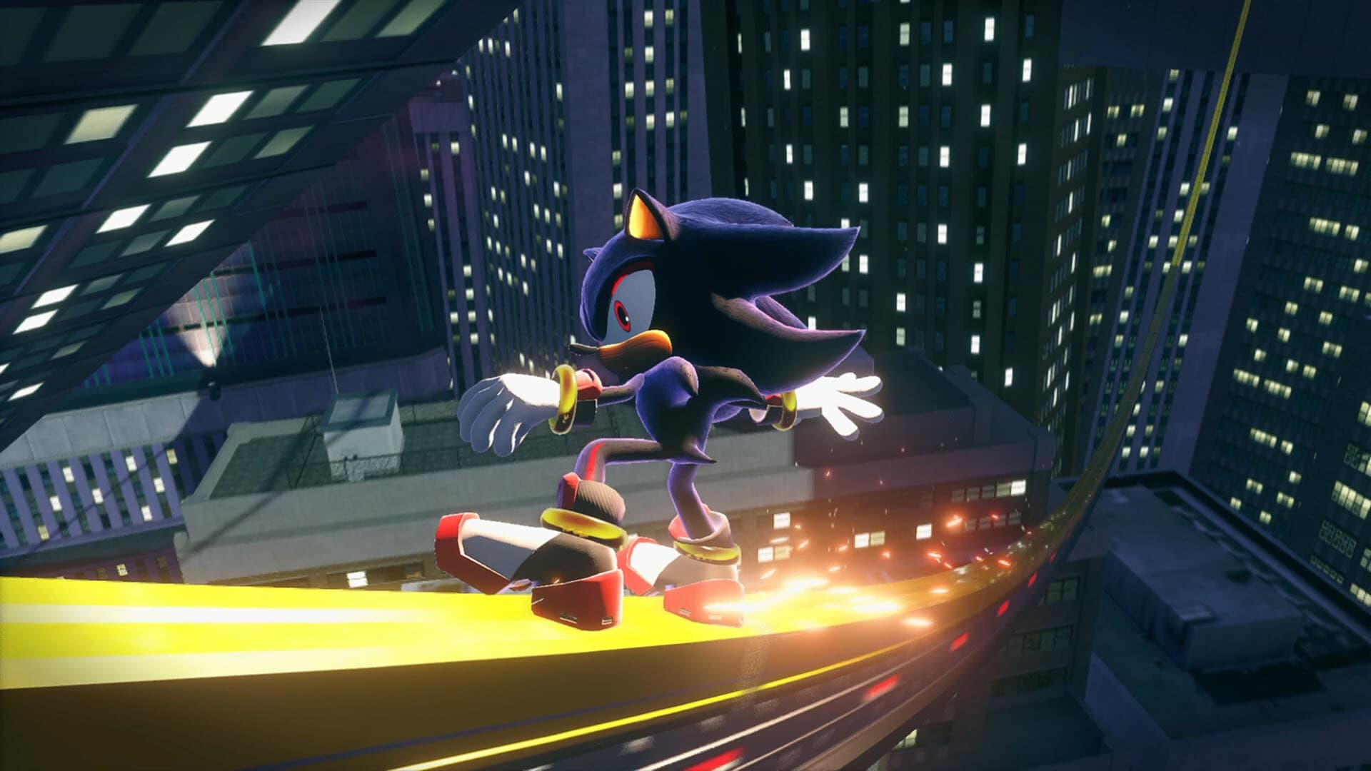 Shadow desliza sobre um trilho entre prédios à noite em Sonic X Shadow Generations