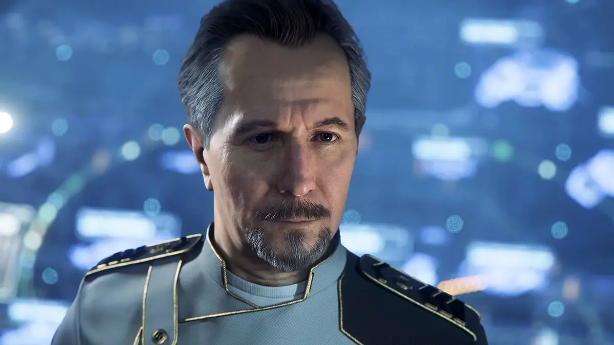 Personagem de Squadron 42 em uniforme militar, com cenário futurista ao fundo