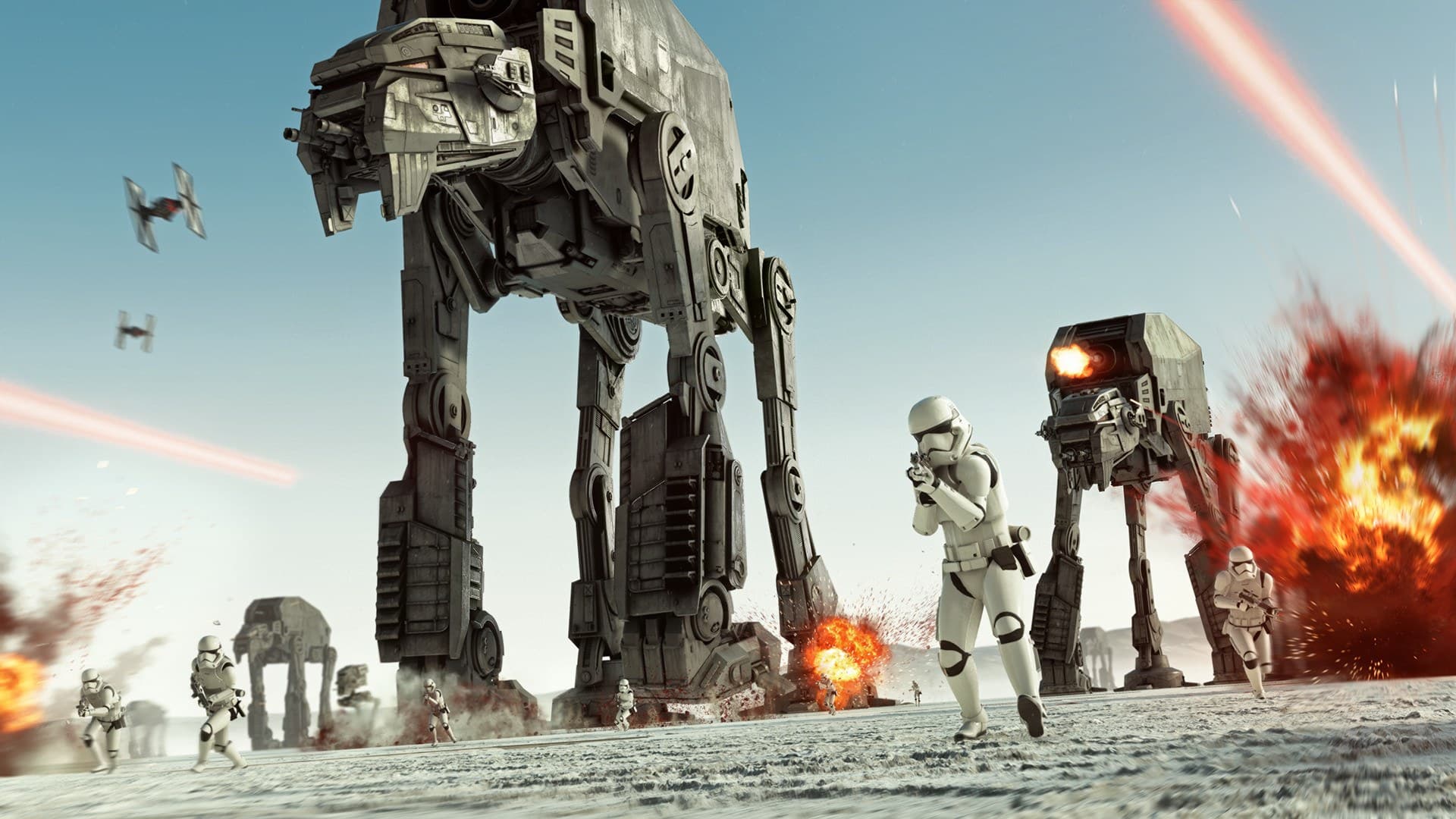 Stormtroopers da Primeira Ordem avançam ao lado de walkers numa batalha na neve em Star Wars Battlefront II