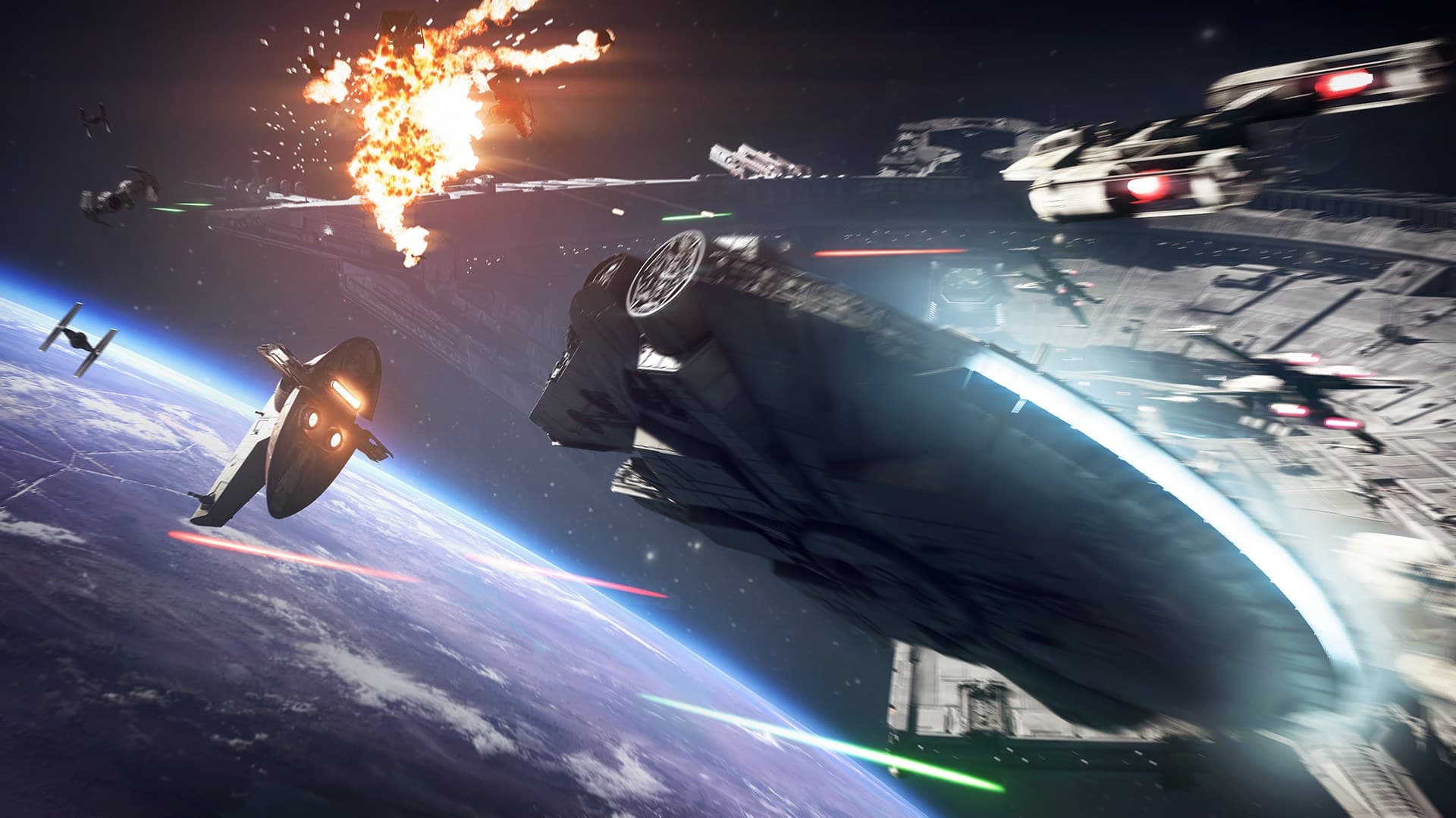 Batalha espacial em Star Wars Battlefront II, de 2017, o último jogo da série.