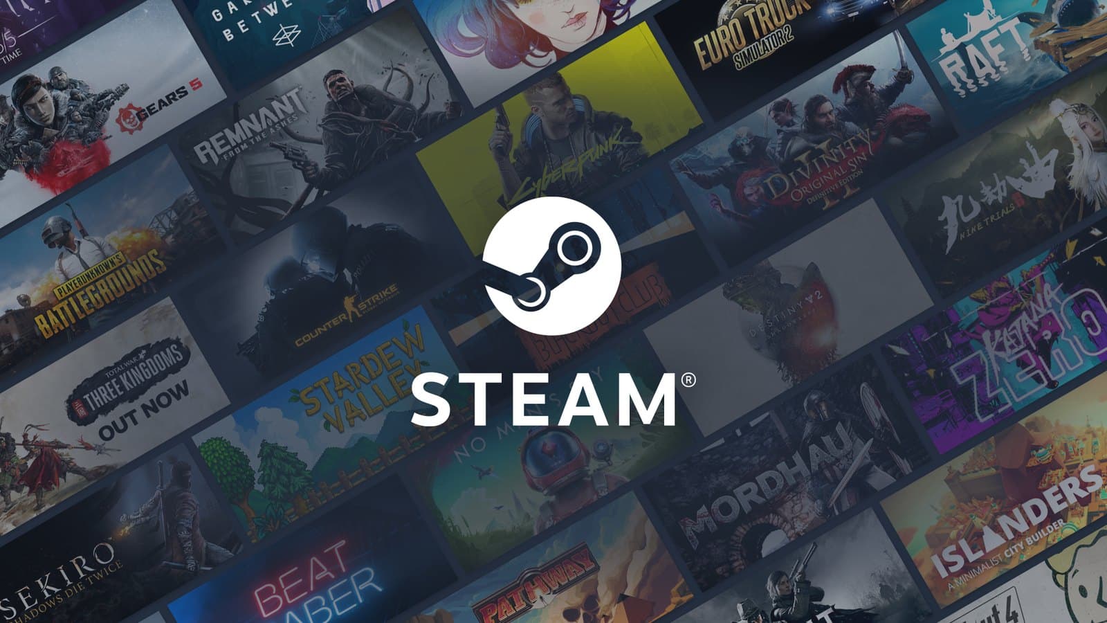 Logotipo da Steam sobre um mosaico de capas de jogos da loja