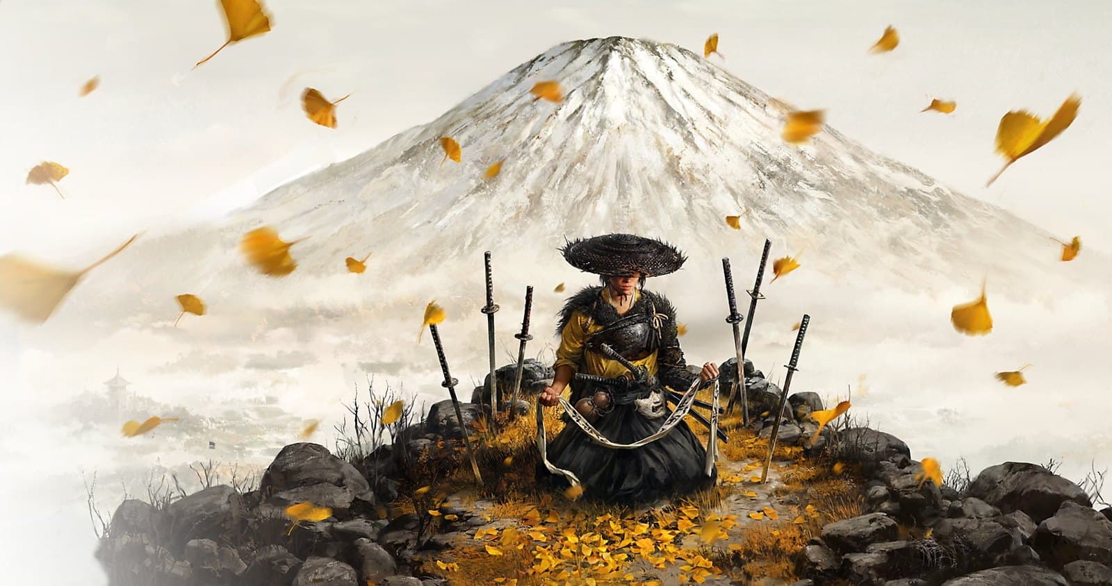 Arte oficial de Ghost of Yōtei com Atsu diante do monte Yōtei e folhas douradas ao vento