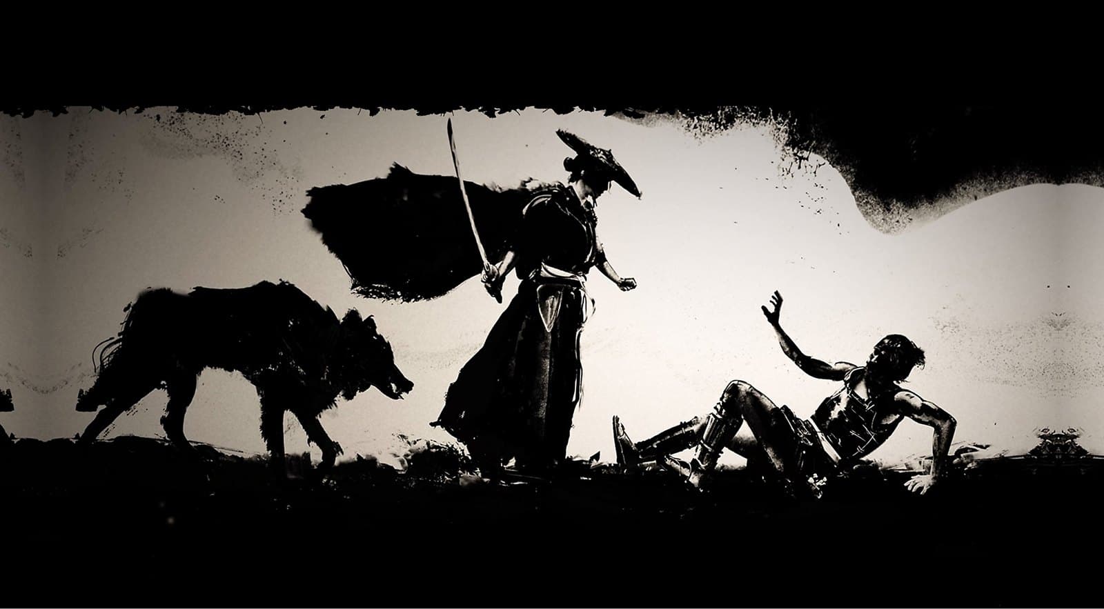 Arte de Ghost of Yōtei no estilo de pintura a tinta.