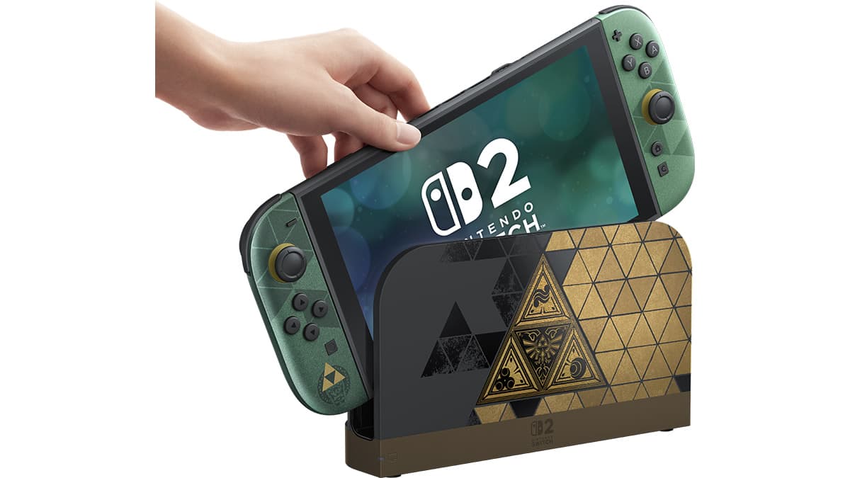 Nintendo Switch 2 edição The Legend of Zelda 40 anos com Joy-Con 2 verdes e dock preta e dourada com a Triforce