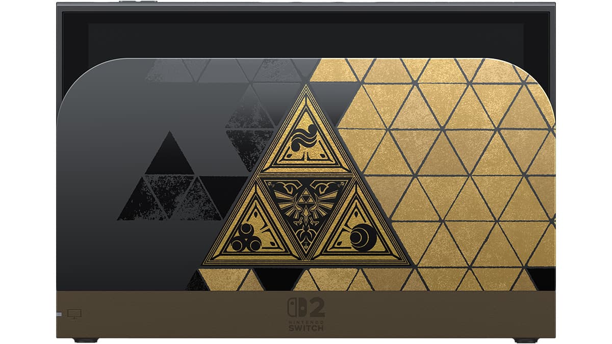 A dock da edição comemorativa traz a Triforce e o brasão de Hyrule em preto e dourado.