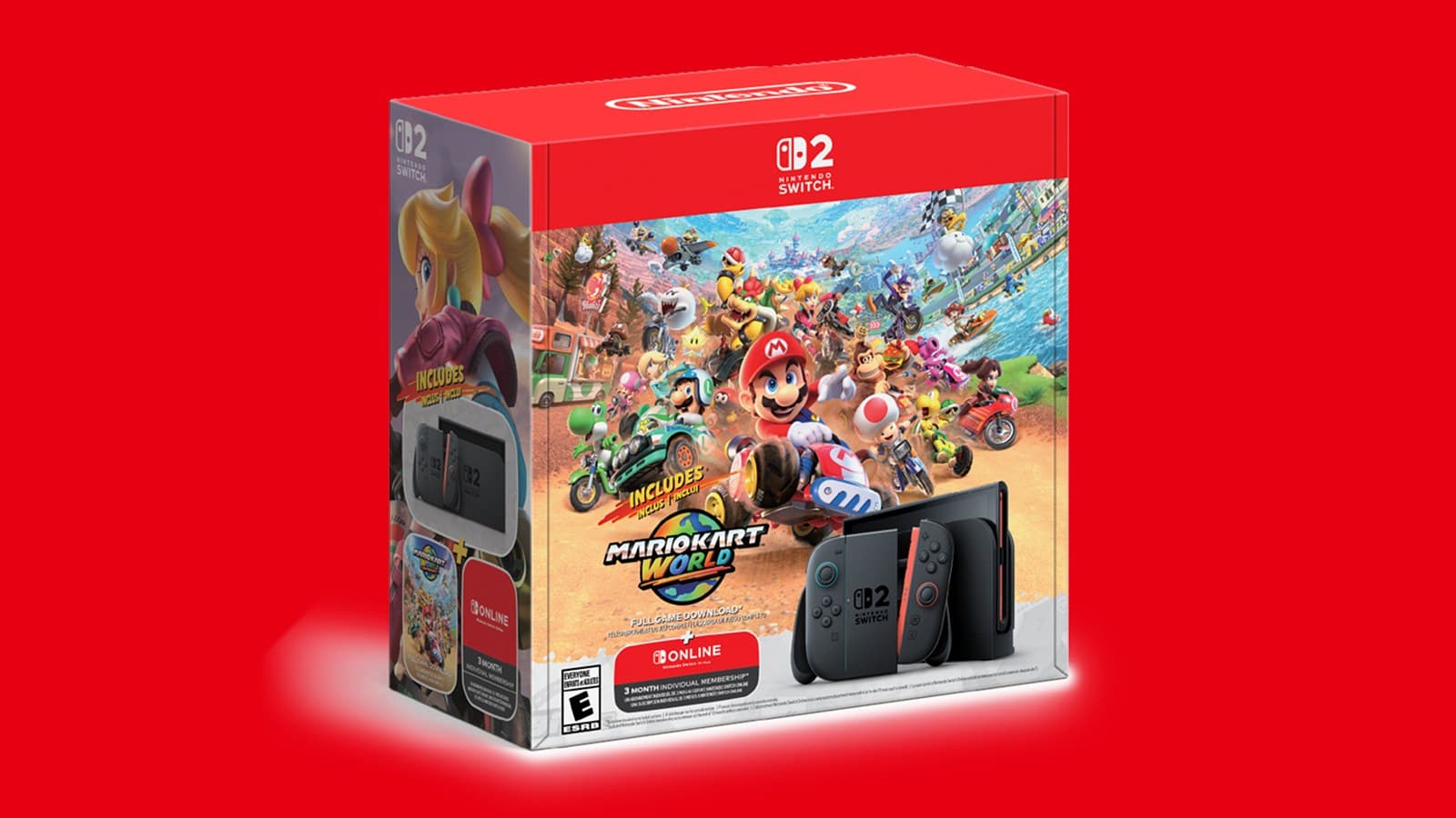 Caixa oficial do pacote do Nintendo Switch 2 com Mario Kart World sobre fundo vermelho