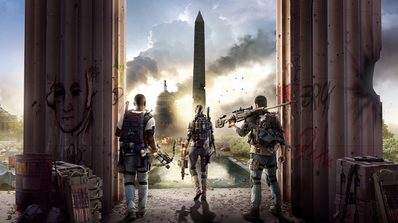 Três agentes da Divisão observam Washington destruída, com o Capitólio e o obelisco ao fundo, na arte oficial de The Division 2