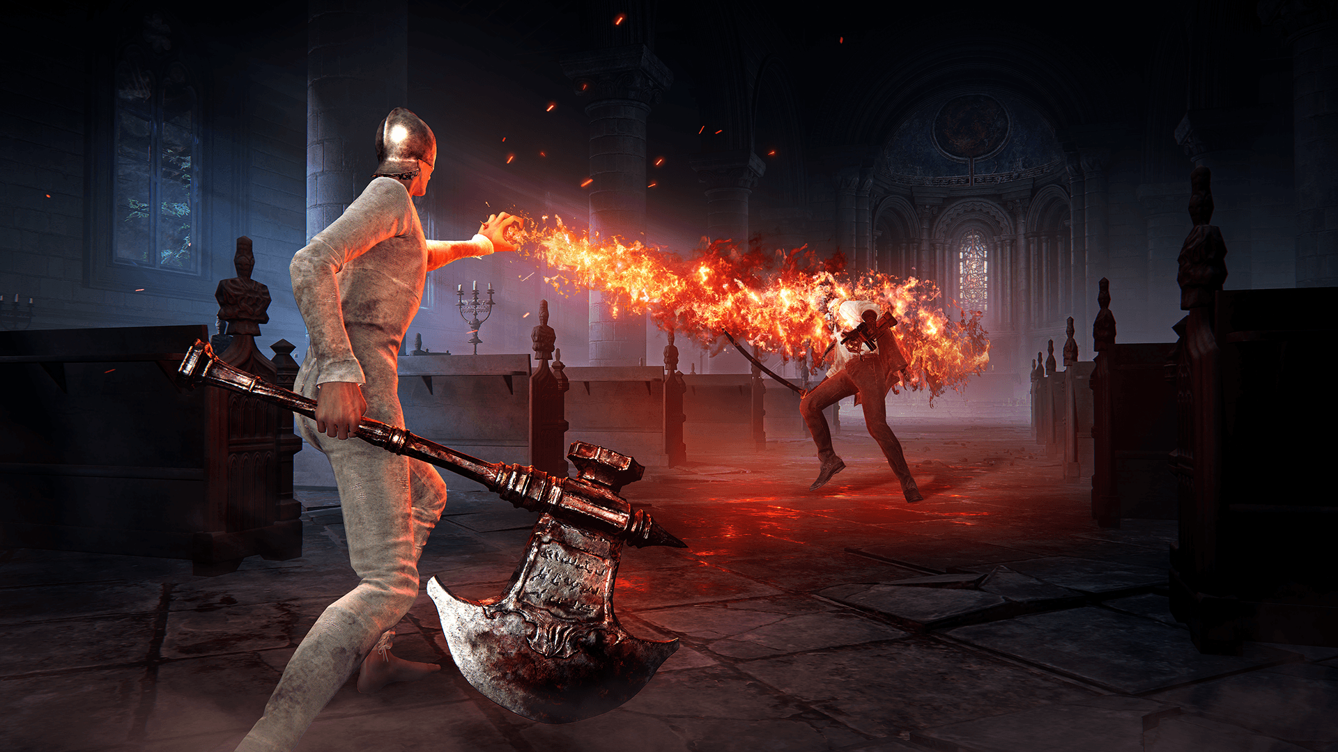 Dois Bloodsworn se enfrentam dentro de uma igreja em The Duskbloods.