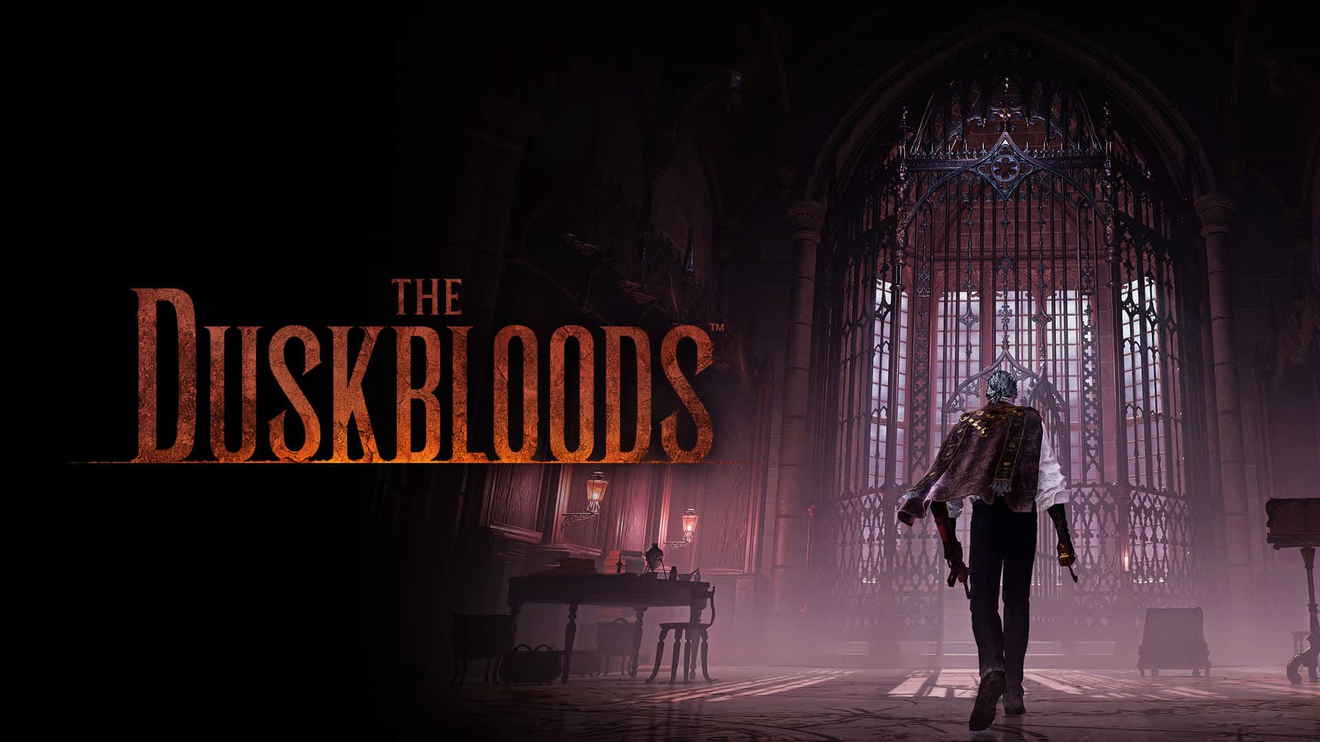 Arte oficial de The Duskbloods com o logotipo à esquerda e um Bloodsworn de capa caminhando em direção a um portão gótico