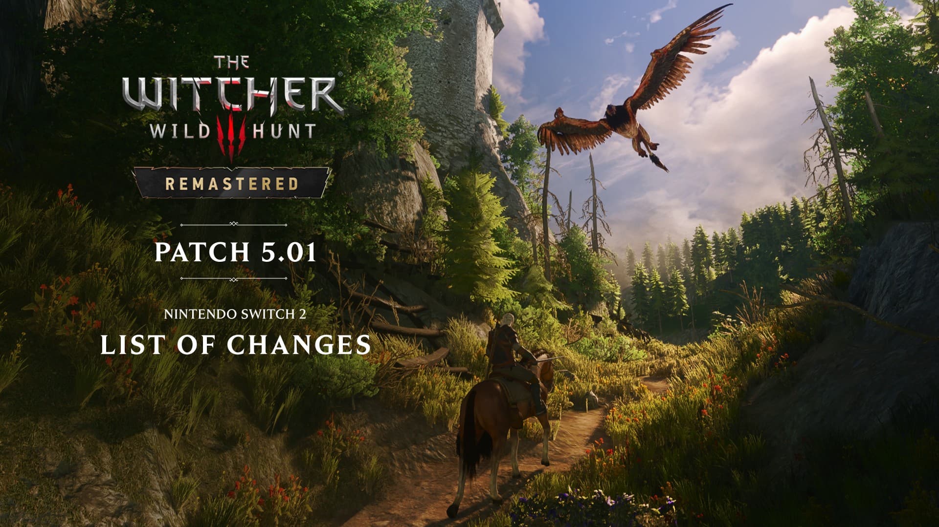 Geralt a cavalo em uma trilha na floresta enquanto um grifo sobrevoa a cena, na arte do patch 5.01 de The Witcher 3: Wild Hunt Remastered para Switch 2