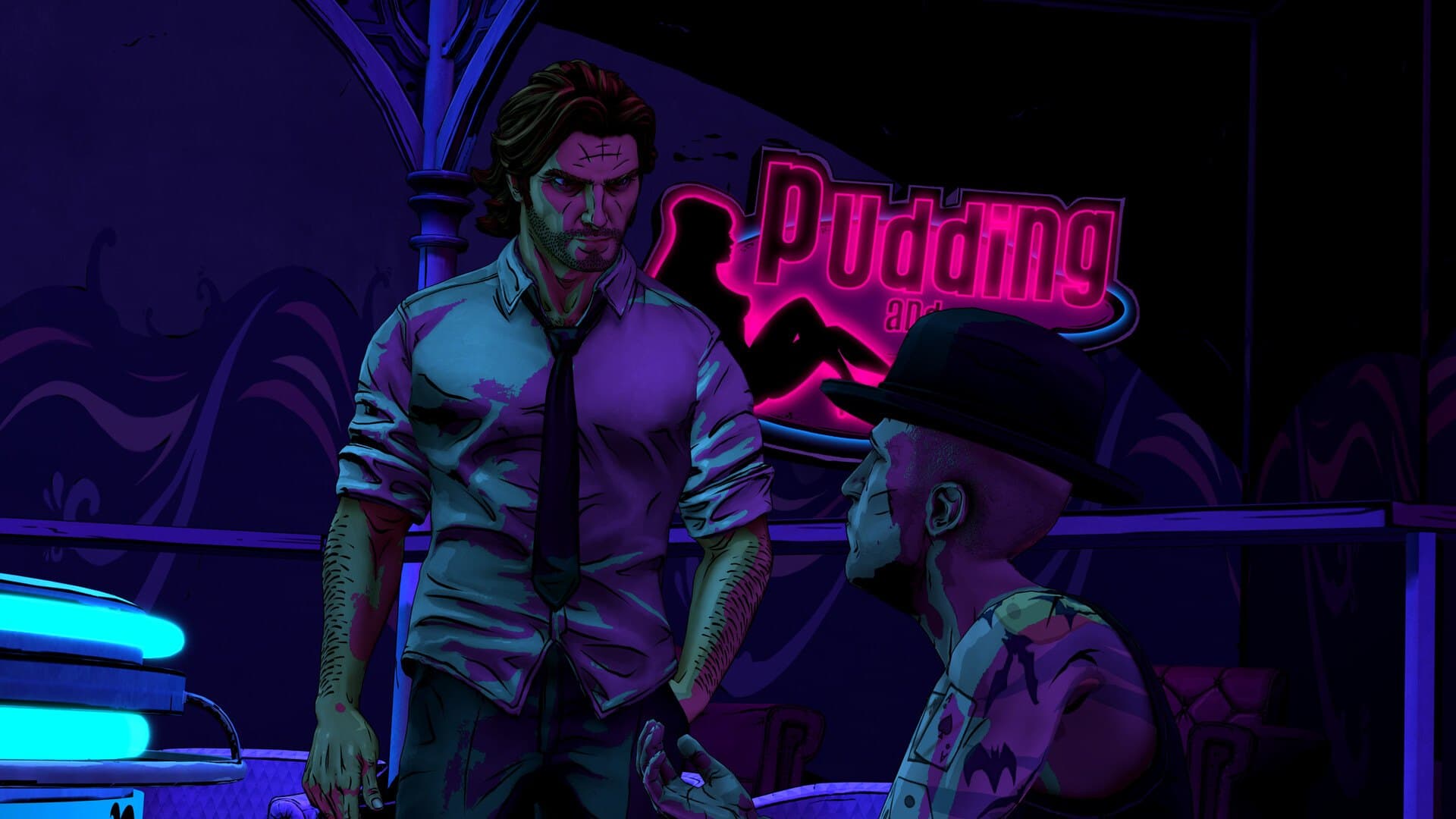Bigby Wolf conversa com um homem de chapéu diante do letreiro em neon rosa do Pudding and Pie em The Wolf Among Us Remastered