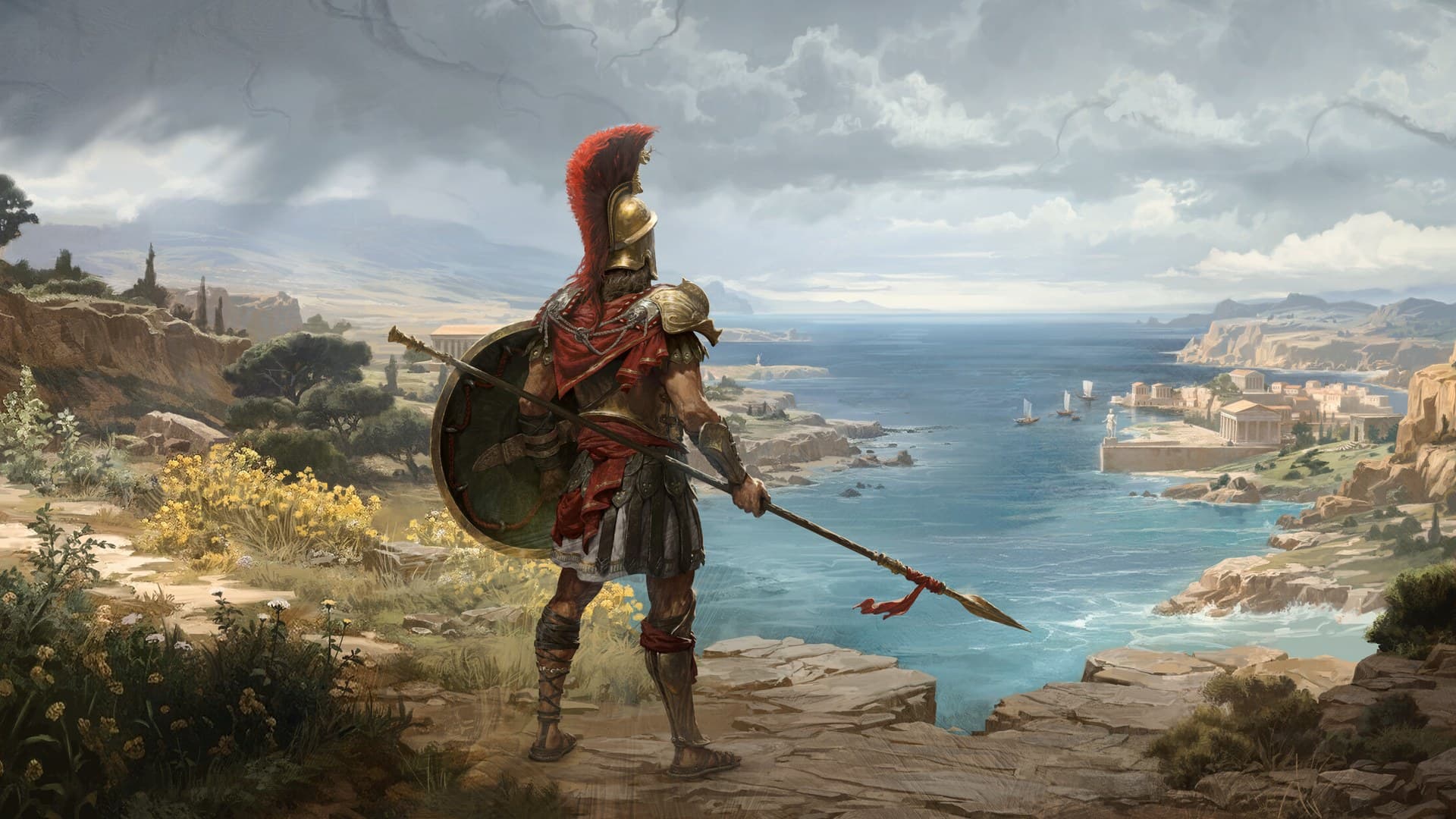 Arte oficial de Titan Quest II com um guerreiro grego de elmo de crista vermelha, escudo e lança, olhando para uma baía com templos e barcos
